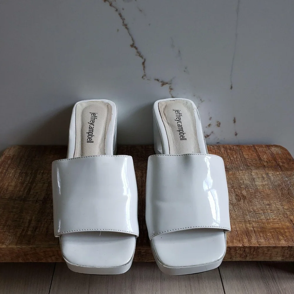 Jeffrey Campbell Sandals Womens 6 White Patent Slide Block Heel Platform Shoes